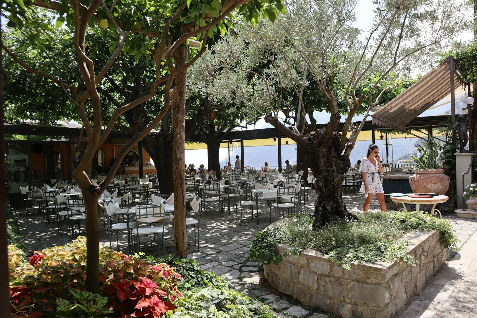 Amalfi sahilinde zeytin ağacının yanında yürüyen insanlar